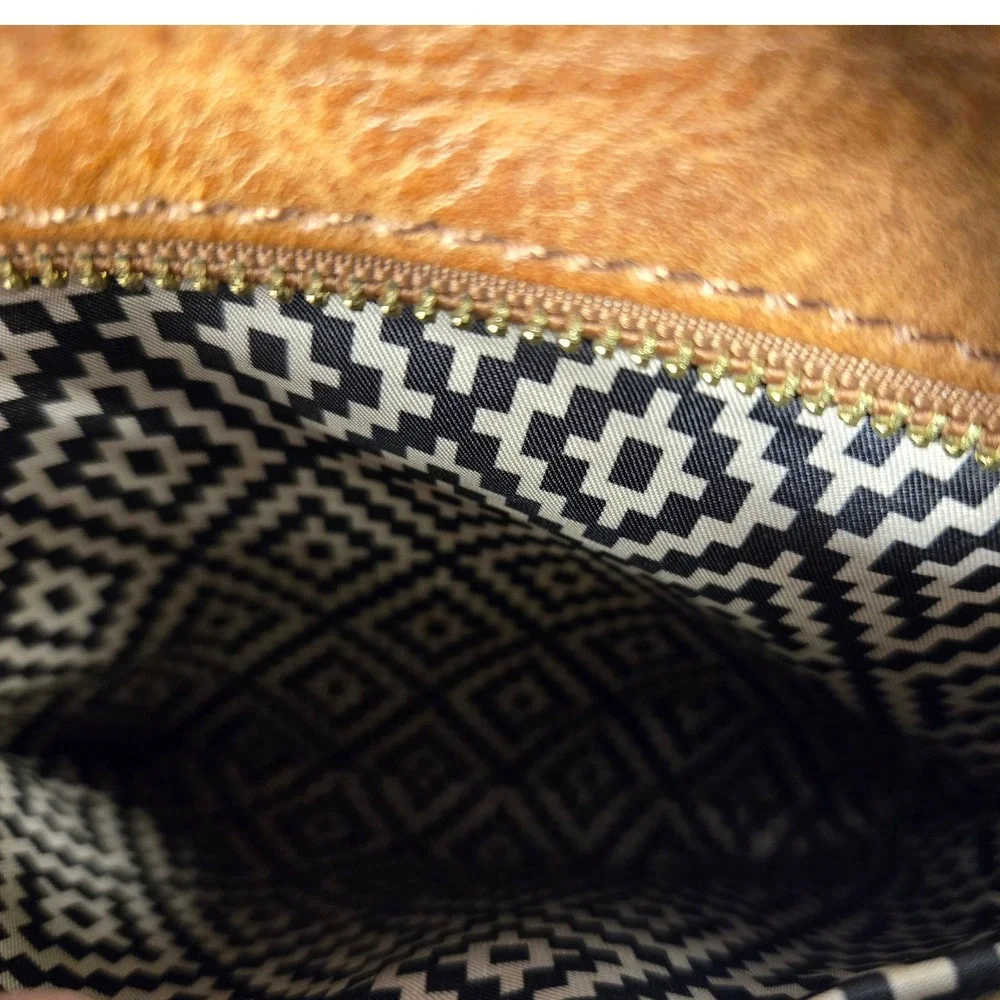 Brown Vegan Leather Whipstitch Boho Satchel Crossbody Bag with Geometric Lining